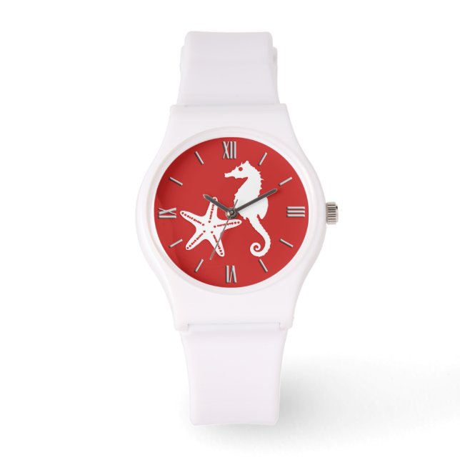 Reloj De Pulsera Caballo de mar y pez estrella - rojo y blanco de c (Anverso)