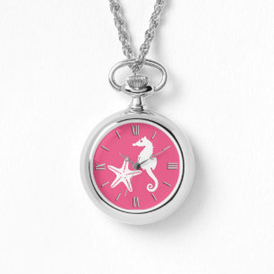 Reloj De Pulsera Caballo de mar y pez estrella - Rosa de coral y bl