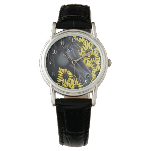 Reloj De Pulsera Caballo de Stallion negro y girasoles (Anverso)