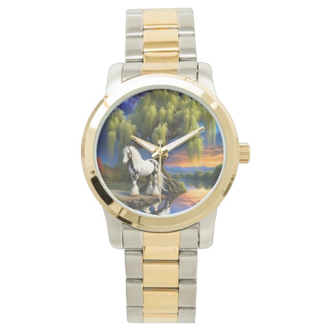 Reloj De Pulsera Caballo Gypsy Vanner - Árbol Willow N Luna llena (Anverso)
