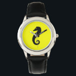 Reloj De Pulsera Caballo marino oceánico negro sobre amarillo<br><div class="desc">Es hora de ensillar nuestro atractivo Ocean Glow, iconos marítimos, reloj de muñeca negro-sobre-amarillo. El pequeño y dulce diseño también es personalizable. Puede cambiar el tamaño, la posición, el color, incluso el número de caballitos de mar, junto con el color de fondo. Sólo tienes que hacer clic en "Personalizar" y...</div>