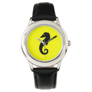 Reloj De Pulsera Caballo marino oceánico negro sobre amarillo
