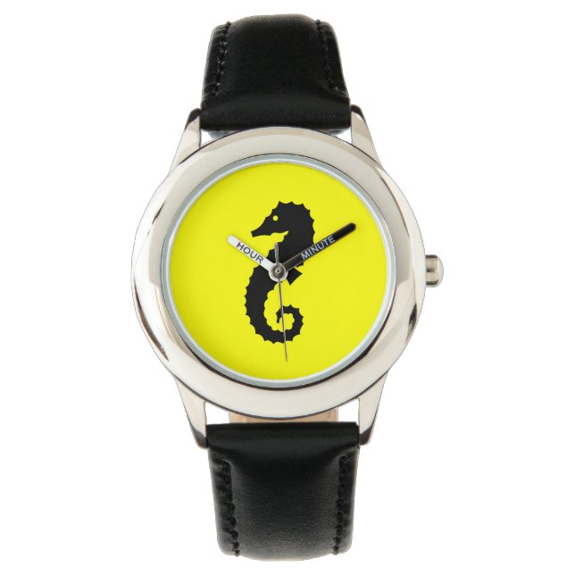 Reloj De Pulsera Caballo marino oceánico negro sobre amarillo (Anverso)