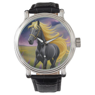 Reloj De Pulsera Caballo negro majestuoso con melena dorada fluida
