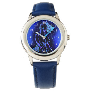 Reloj De Pulsera Caballo Neon Blue Corriendo En La Noche De La Luna