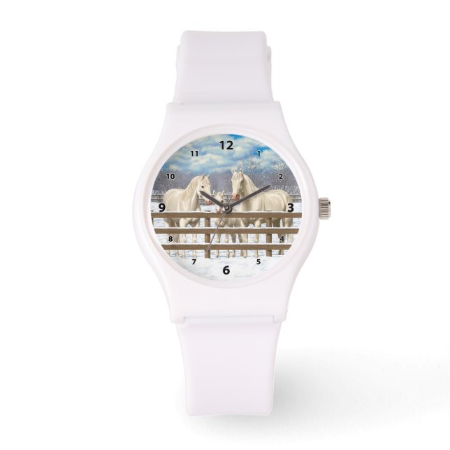 Reloj De Pulsera Caballos del Cuartel Blanco En Nieve (Anverso)