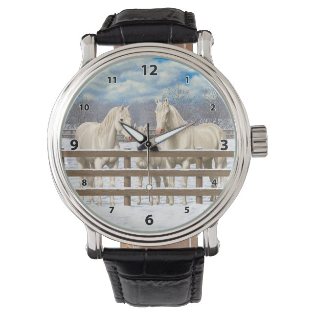 Reloj De Pulsera Caballos del Cuartel Blanco En Nieve (Anverso)