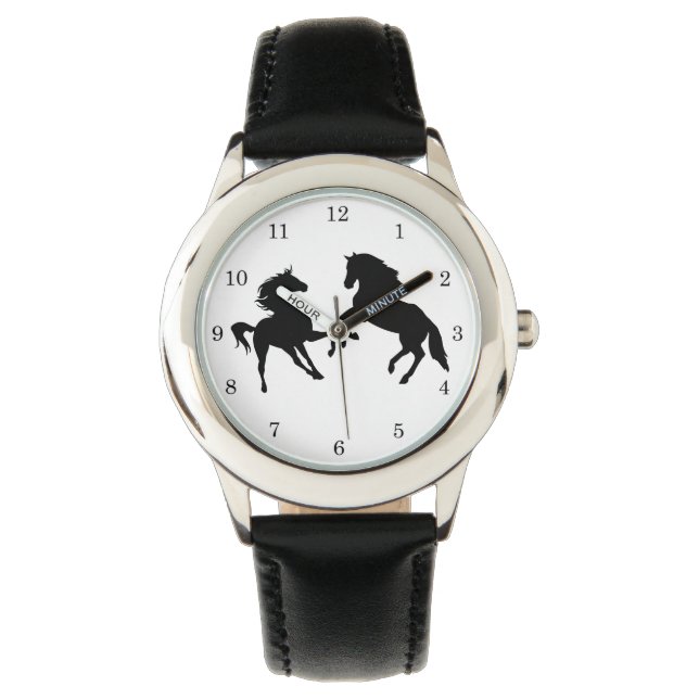 Reloj De Pulsera Caballos Negros - Dibujo - Añadir Su Colo /Texto/  (Anverso)