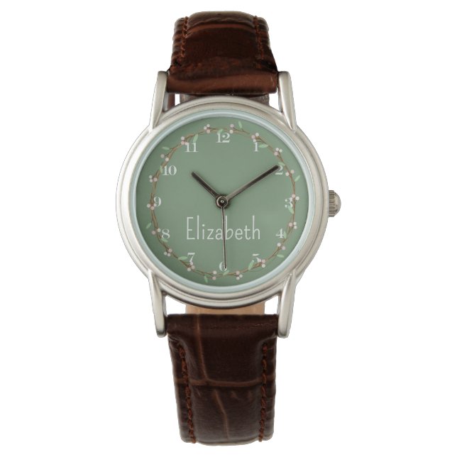Reloj De Pulsera Cabaña de algodón rosa y verde floral personalizad (Anverso)