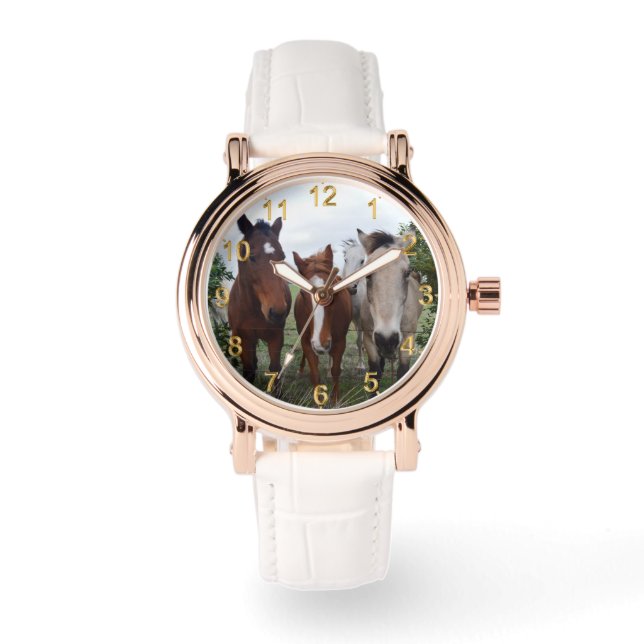 Reloj De Pulsera Cabello Frisado, Cuatro Amigos Caballos, (Anverso)