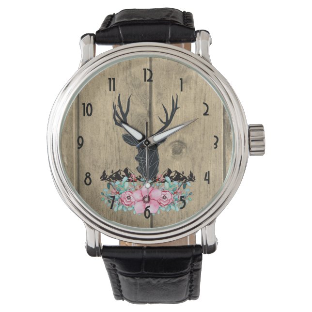 Reloj De Pulsera Cabeza de ciervo negro con flores y montañas rosas (Anverso)