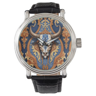 Reloj De Pulsera Cabeza de Vaca Occidental Cuero Labrado Damask