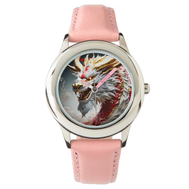 Reloj De Pulsera Cabeza dorada del dragón respirando fuego (Anverso)