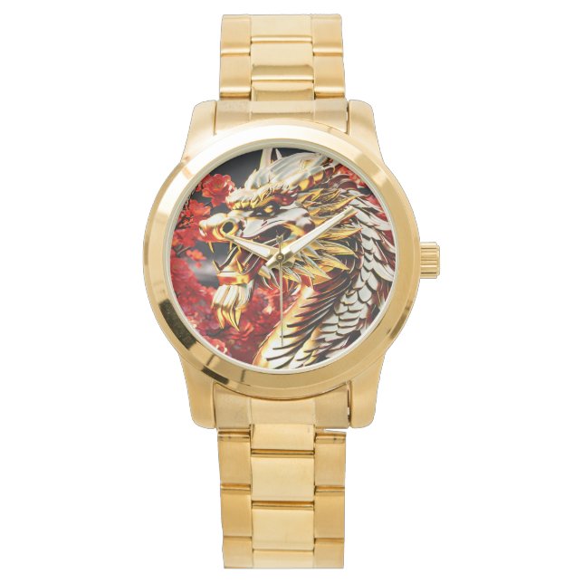 Reloj De Pulsera Cabeza dorada del dragón respirando fuego (Anverso)