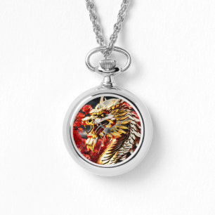 Reloj De Pulsera Cabeza dorada del dragón respirando fuego