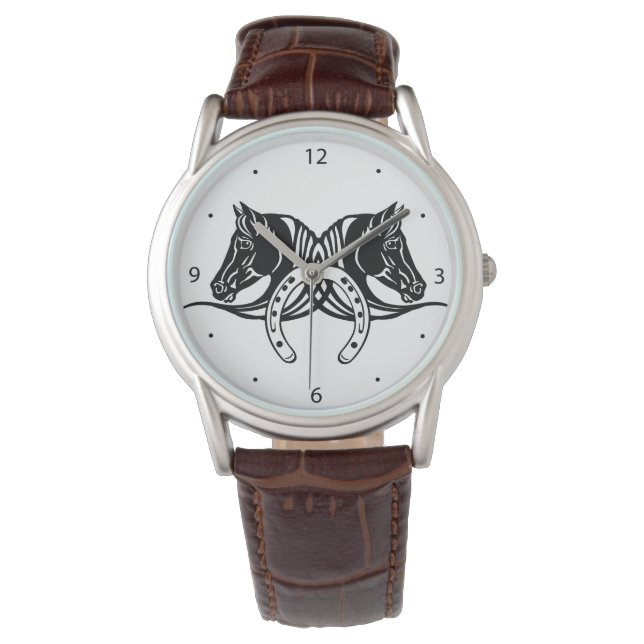 Reloj De Pulsera cabezas de dos caballos negros y herradura (Anverso)
