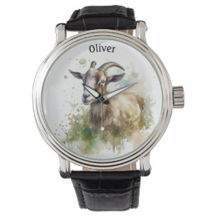 Reloj De Pulsera cabra en un personalizable de acuarela de pasto ve