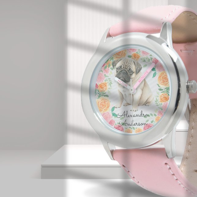 Reloj De Pulsera cachorro de pug cutáneo con flores de acuarela nom (Subido por el creador)