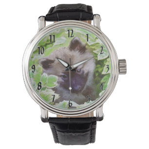 Reloj De Pulsera Cachorro Keeshond en el jardín pintura arte origin