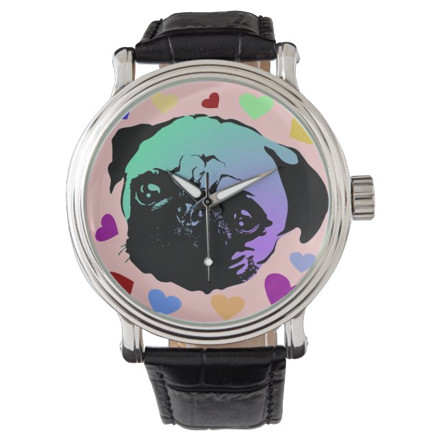 Reloj De Pulsera Cachorro Pug PopArt Estilo Retro (Anverso)