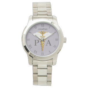 Reloj De Pulsera Caduceo de Oro con Alas Blancas Nombre Asistente M