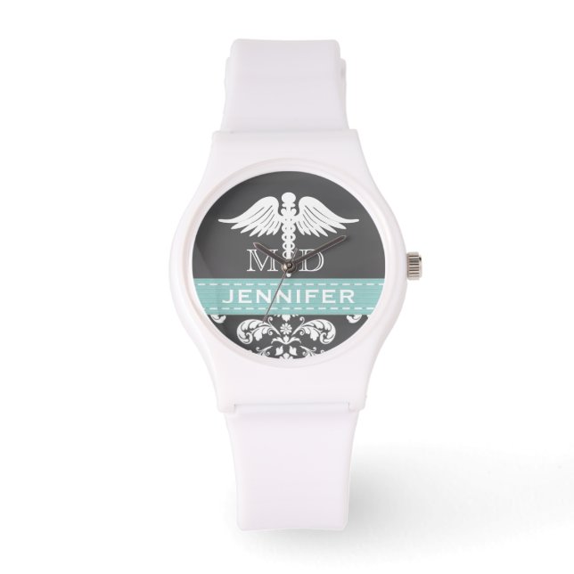 RELOJ DE PULSERA CADUCEUS CHALKBOARD MÉDICA PERSONALIZADO AQUA (Anverso)