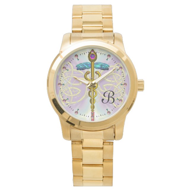 Reloj De Pulsera CADUCEUS DE ORO CON KNOTS CELTICOS MONOGRAMA Azul  (Anverso)