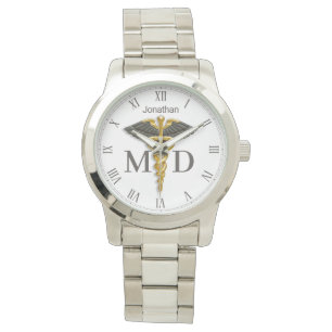 Reloj De Pulsera Caduceus dorado Alas negras Nombre Médica médico M