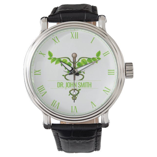 Reloj De Pulsera Caducto médico alternativo Verde deja blanco (Anverso)