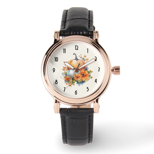 Reloj De Pulsera Calabazas otoñales con flores y follaje (Anverso)