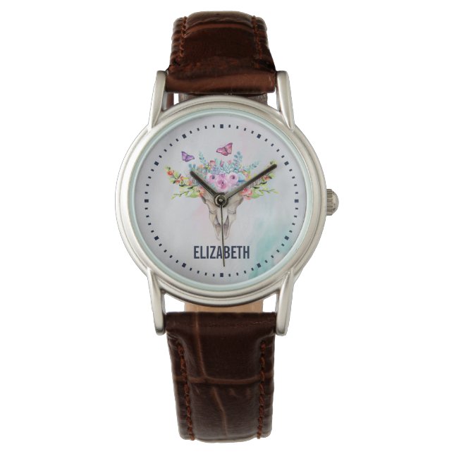 Reloj De Pulsera Calavera animal Boho con mariposas y flores (Anverso)