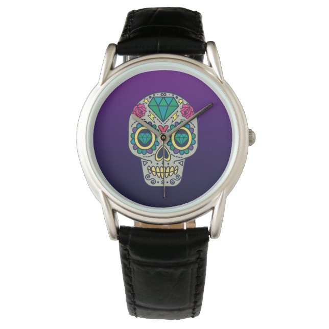 Reloj De Pulsera Calavera Azucarada Colorida Ombre Morado (Anverso)