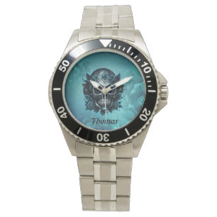 Reloj De Pulsera Calavera azul oscuro con rosas.