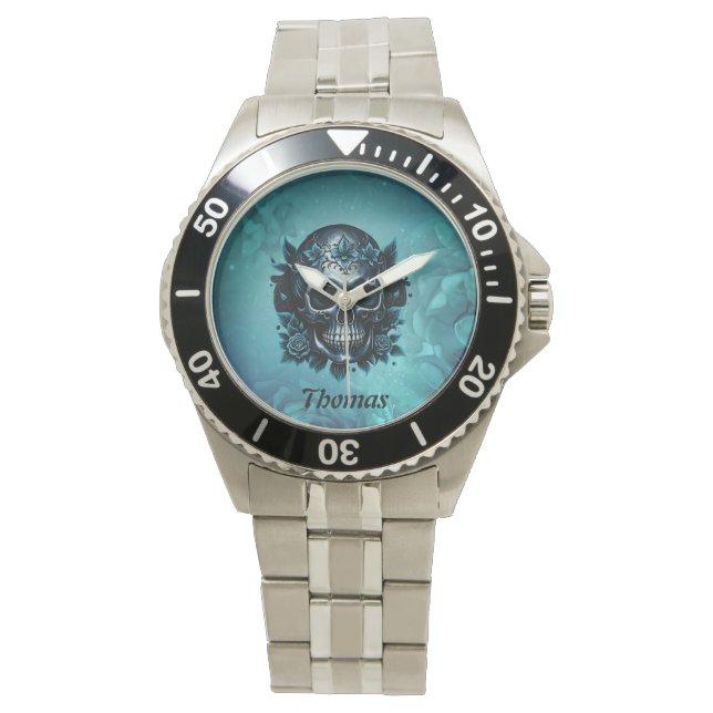 Reloj De Pulsera Calavera azul oscuro con rosas. (Anverso)