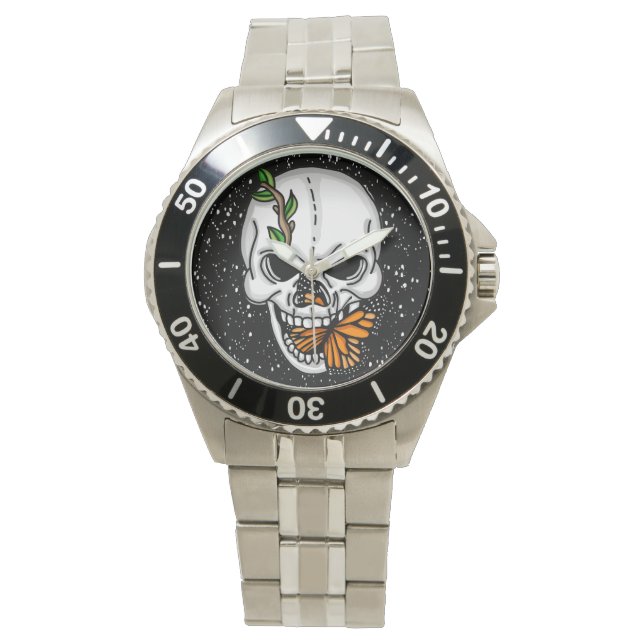 Reloj De Pulsera Calavera blanca y naranja negra y mariposa monarca (Anverso)