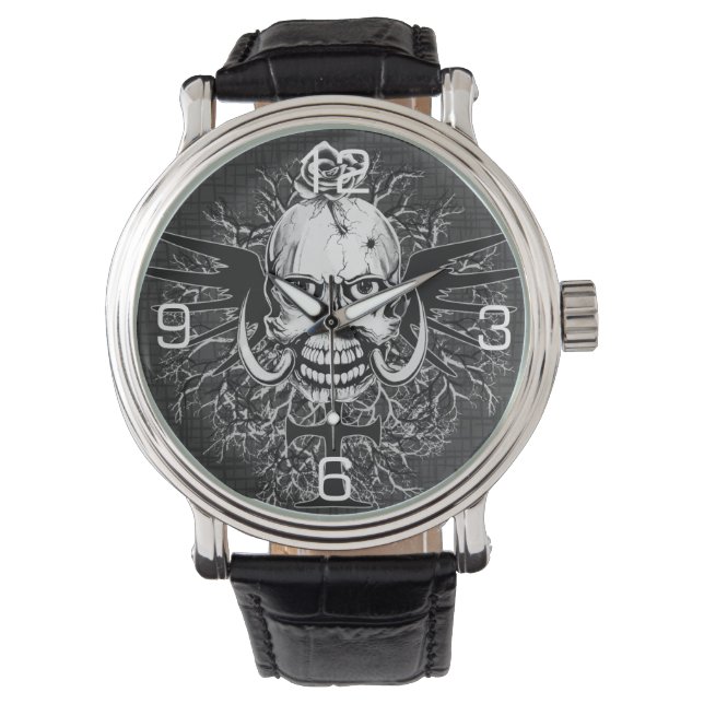 Reloj De Pulsera Calavera con Rosa, Cuernos, Cruz, Alas Ilustracion (Anverso)