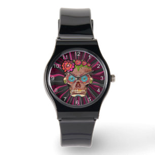 Reloj De Pulsera Calavera de azúcar con aspecto de madera tallada c
