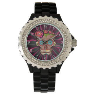 Reloj De Pulsera Calavera de azúcar de aspecto de madera tallada co