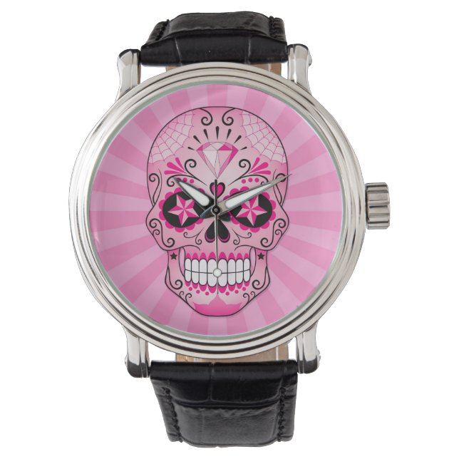 Reloj De Pulsera Calavera de azúcar de diamante rosa (Anverso)