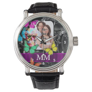 Reloj De Pulsera Calavera de azúcar floral, mariposas y monograma