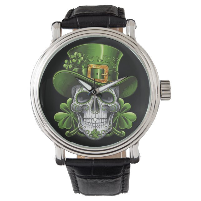 Reloj De Pulsera Calavera de azúcar St Patrick's Day Shamrock (Anverso)
