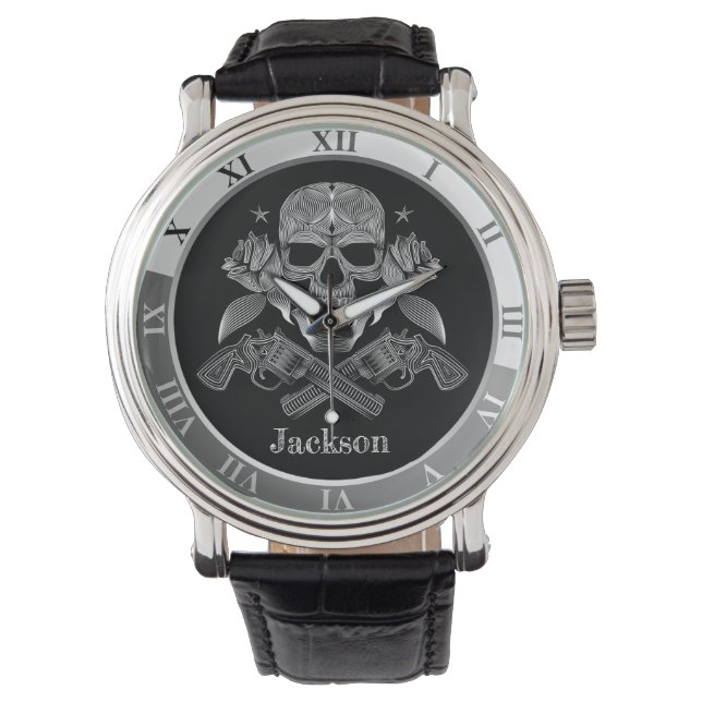 Reloj De Pulsera Calavera negra y blanca y armas (Anverso)