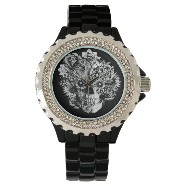 Reloj De Pulsera Calavera Ohm negra con ojos de girasol. (Anverso)