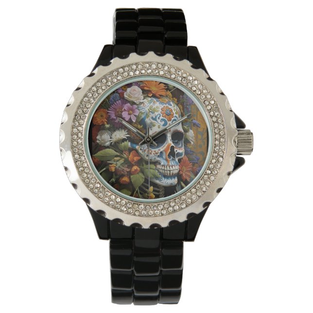 Reloj De Pulsera Calavera y flores de gótico (Anverso)
