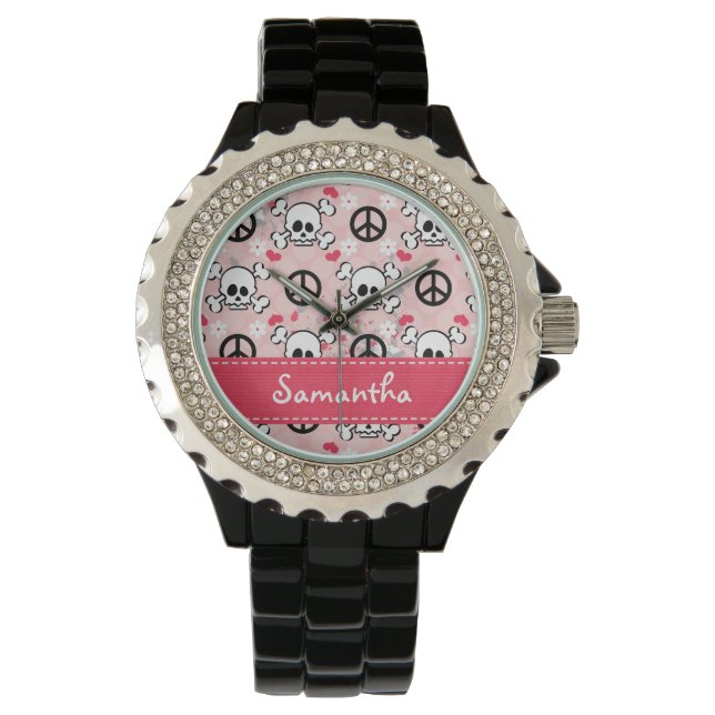 Reloj De Pulsera Caliente rosa y cráneo negro personalizado (Anverso)