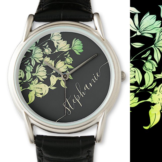 Reloj De Pulsera Caligrafía Firma Elegante Verde Floral Negro (Subido por el creador)