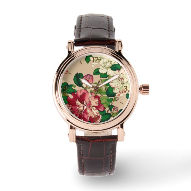 Reloj De Pulsera Camellias japonesas antiguas. Rosa profundo en Bei (Anverso)