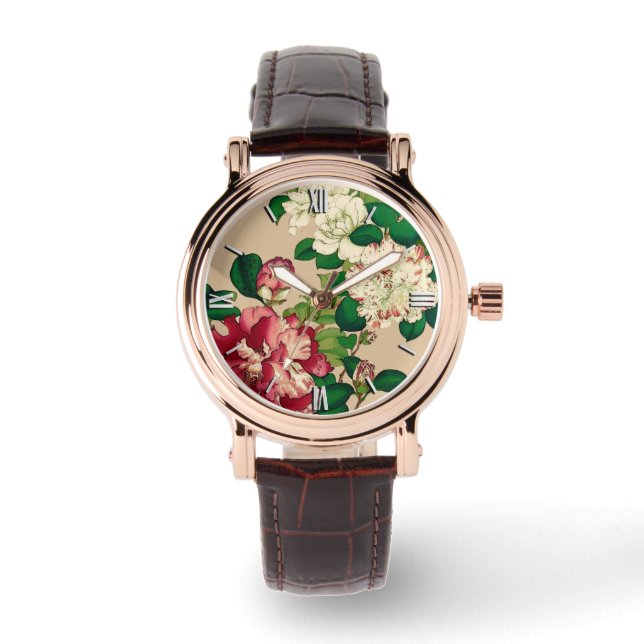 Reloj De Pulsera Camellias japonesas antiguas. Rosa profundo en Bei (Anverso)