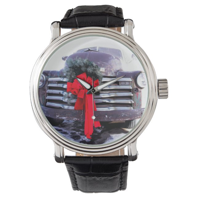 Reloj De Pulsera Camión antiguo con corona navideña festiva (Anverso)