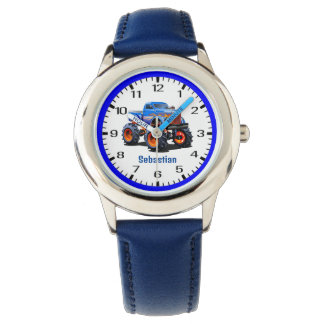 Reloj De Pulsera Camión azul claro Naranja y neumáticos negros